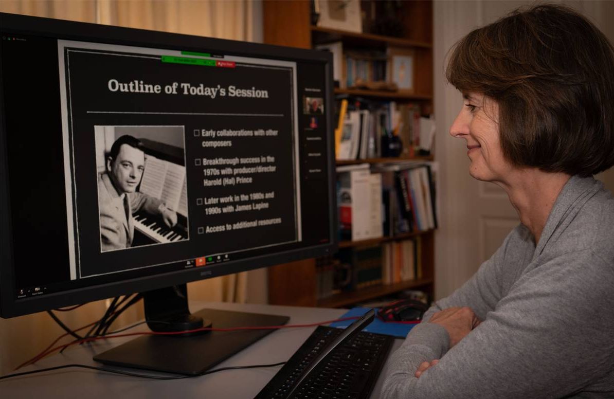 Kate Szerszen watches Alan Teasley’s online OLLI class about Stephen Sondheim