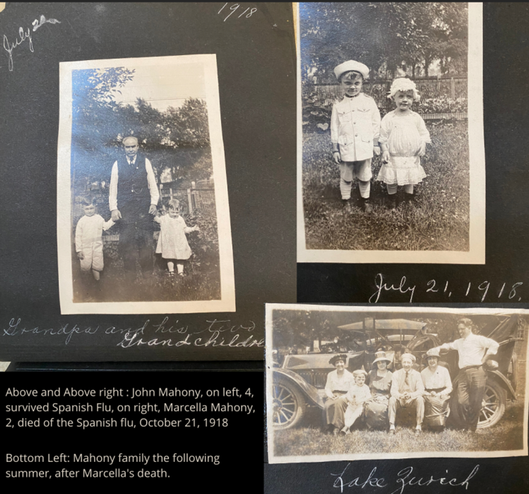 Old-time photo album with family photos of Kelly's father as a child