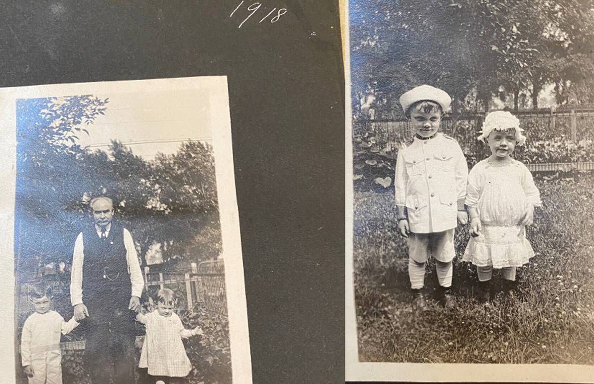 Old-time photo album with family photos of Kelly's father as a child