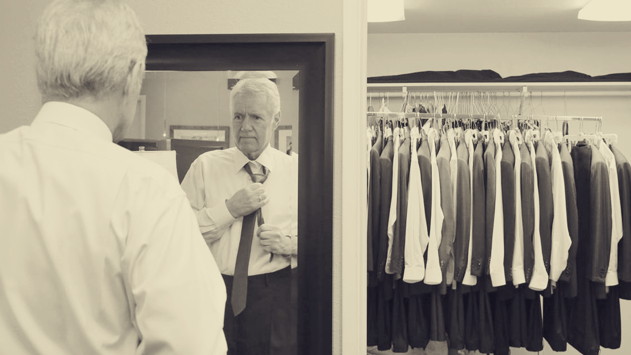 Alex Trebek backstage at "Jeopardy!" He has 100 suits in rotation.