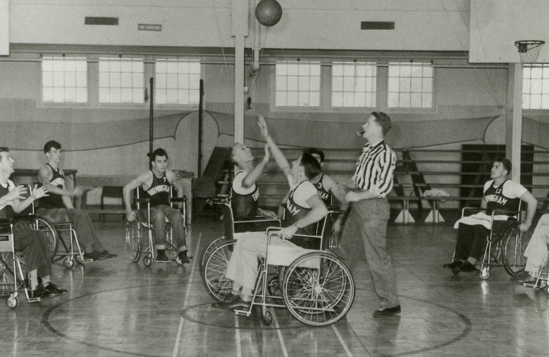 Pioneering wheelchair basketball players scrimmage at Birmingham Hospital in Van Nuys, CA, circa 1947, Next Avenue, wheelchair basketball