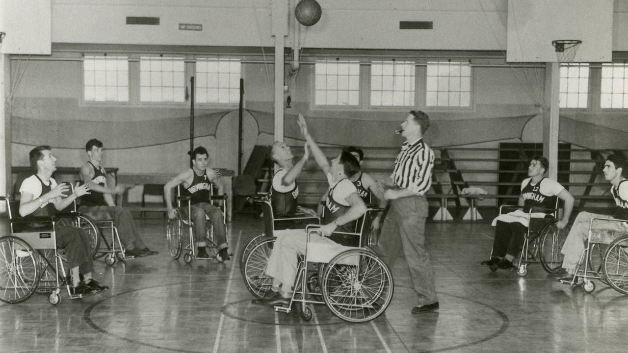 Pioneering wheelchair basketball players scrimmage at Birmingham Hospital in Van Nuys, CA, circa 1947, Next Avenue, wheelchair basketball