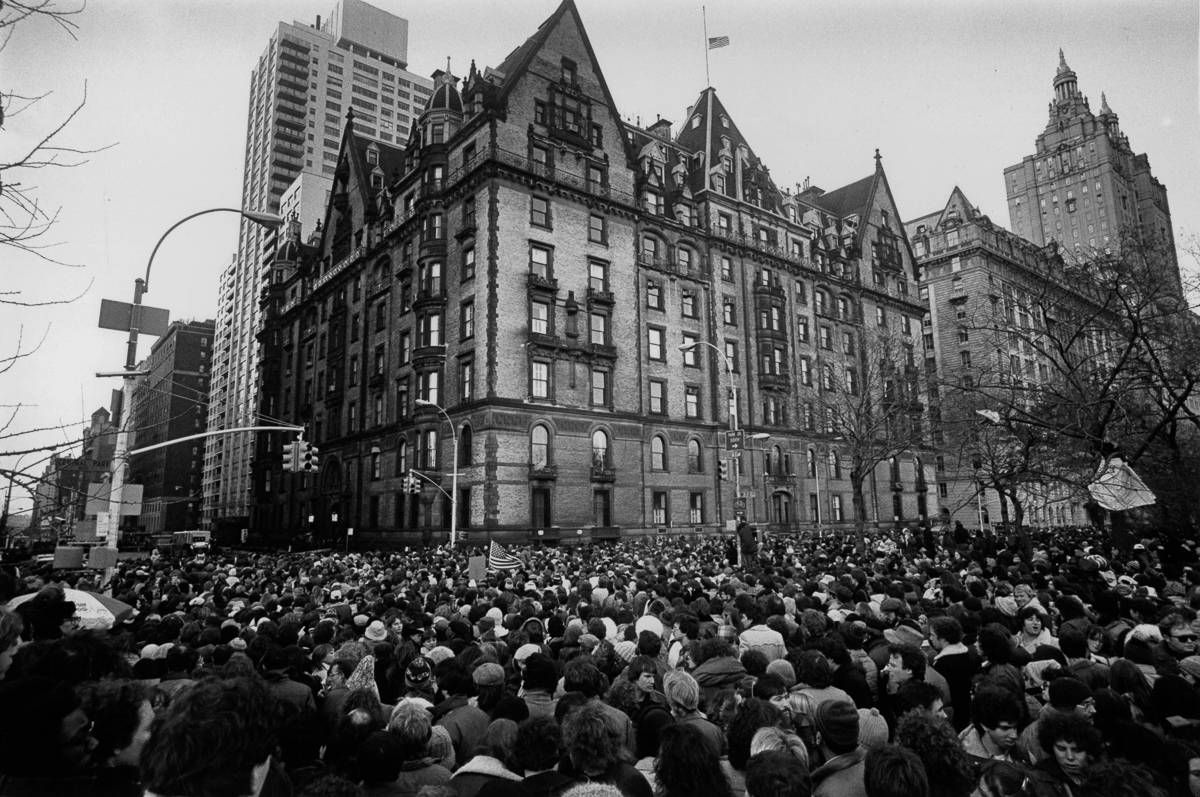 Crowds gathering outside the home of John Lennon