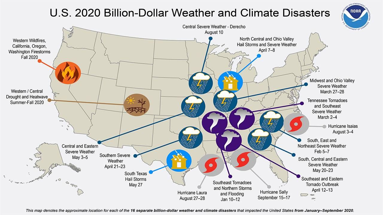 Map of billion dollar weather and climate disasters in the U.S. in 2020, climate change, next avenue, retirement bubbles, 2020