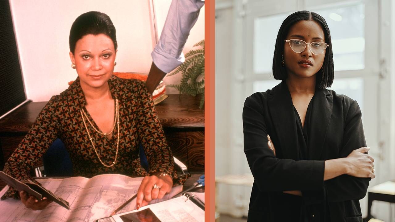 Side-by-side images of an executive woman in the 80s and a millennial executive, businesswoman, working mom, Next Avenue