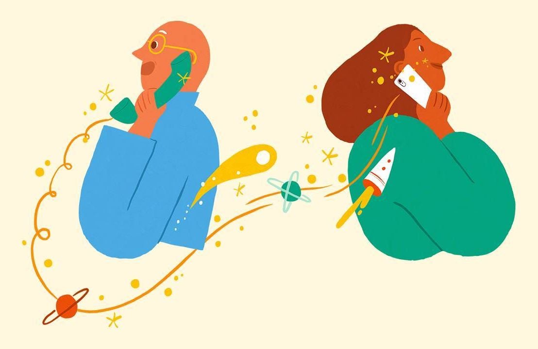 Illustration of two people talking on the phone, conversation, social isolation, Next Avenue