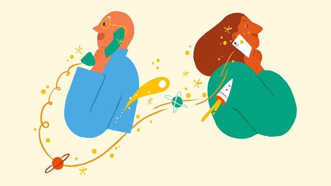 Illustration of two people talking on the phone, conversation, social isolation, Next Avenue