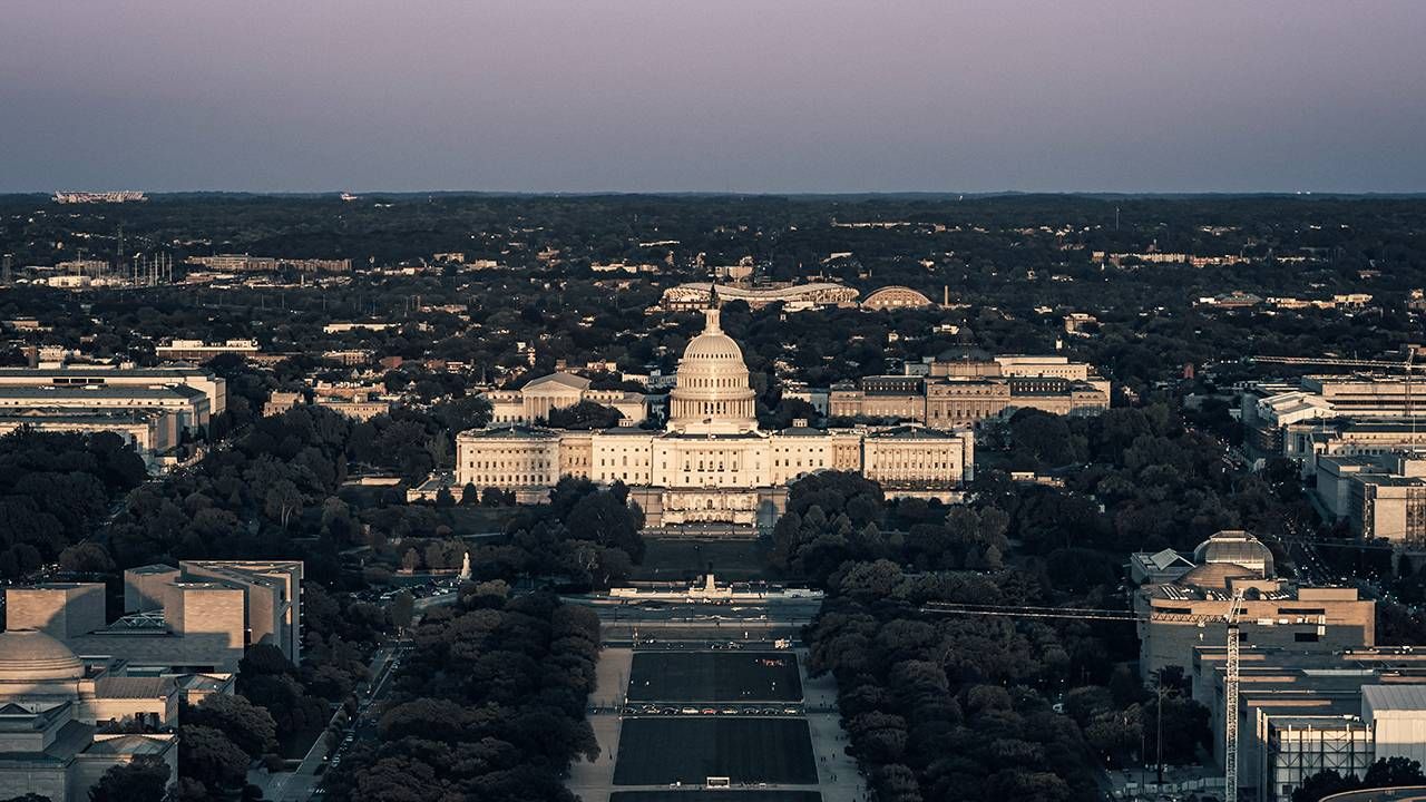 Aerial view of Washington D.C. Capitol building at sunset, law, health, Next Avenue