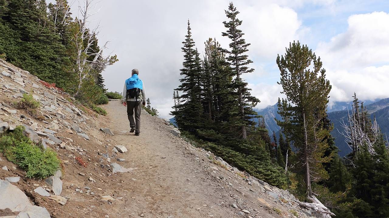 Middle aged man hiking up a mountain trail, grief, loss, Next Avenue