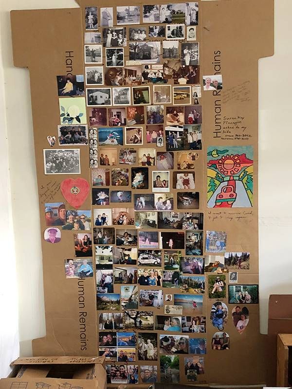 A flattened cardboard box decorated with photos, pandemic projects, pastimes, Next Avenue