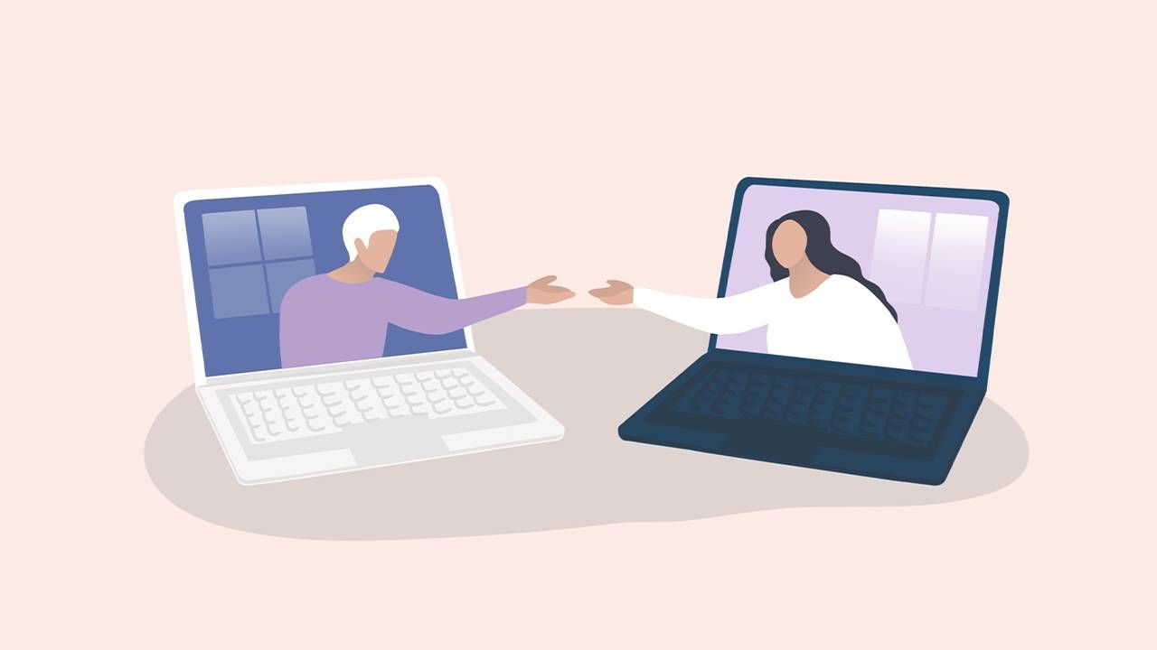 An illustration of two people reaching out to connect through two computers. Book, memoir, Next Avenue