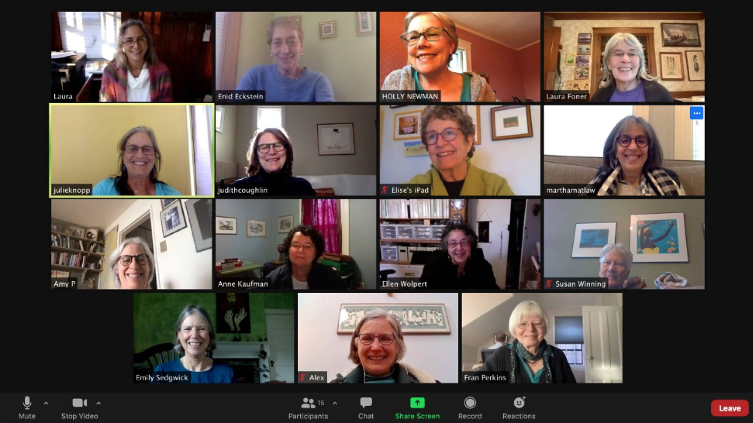 Screenshot of a women's support group Zoom call. Women's group, retirement, Next Avenue
