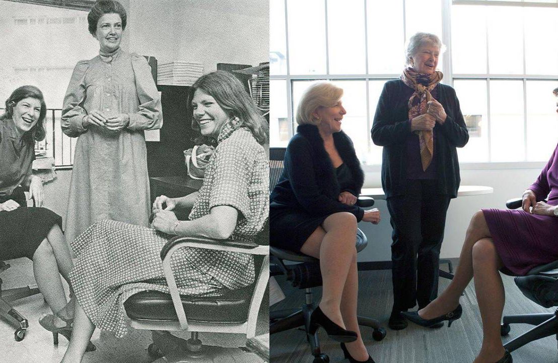 Then and now, and old photo of the three journalistsnext to a modern photo of the three journalists. NPR, Founding mothers, Next Avenue