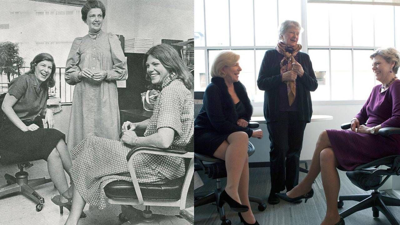 Then and now, and old photo of the three journalistsnext to a modern photo of the three journalists. NPR, Founding mothers, Next Avenue