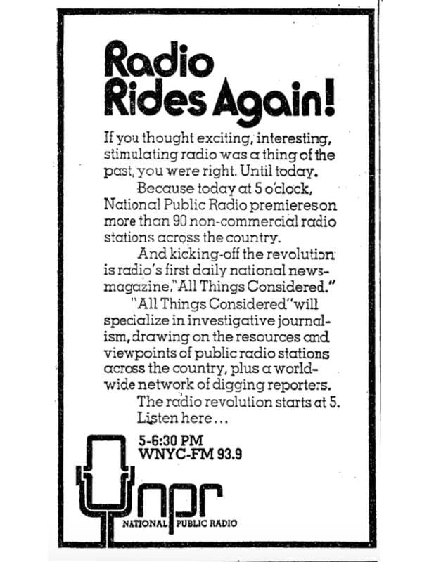 Clip of old NYT ad titled 'Radio Rides Again'. NPR, Founding Mothers, Next Avenue