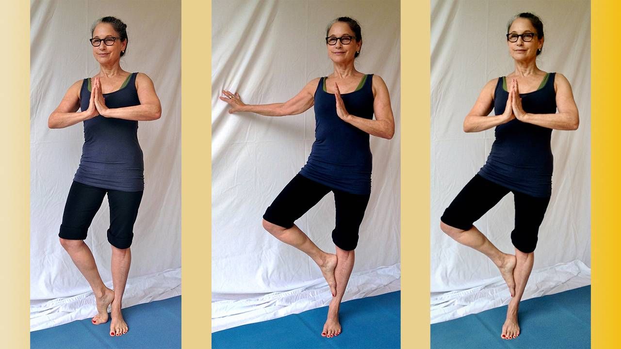 Compilation of three photos showing the progression of the triangle pose, yoga, Next Avenue