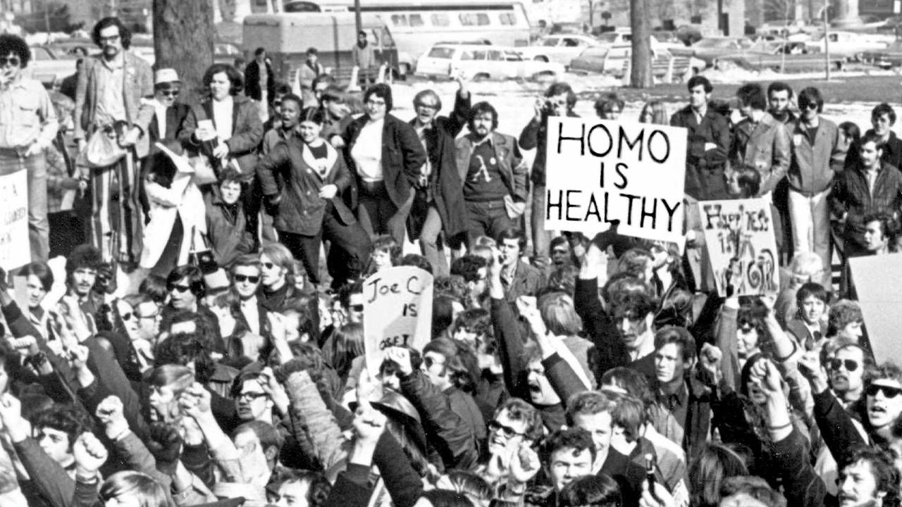 An old photograph of a group of LGBT activists. 'CURED' documentary, Next Avenue