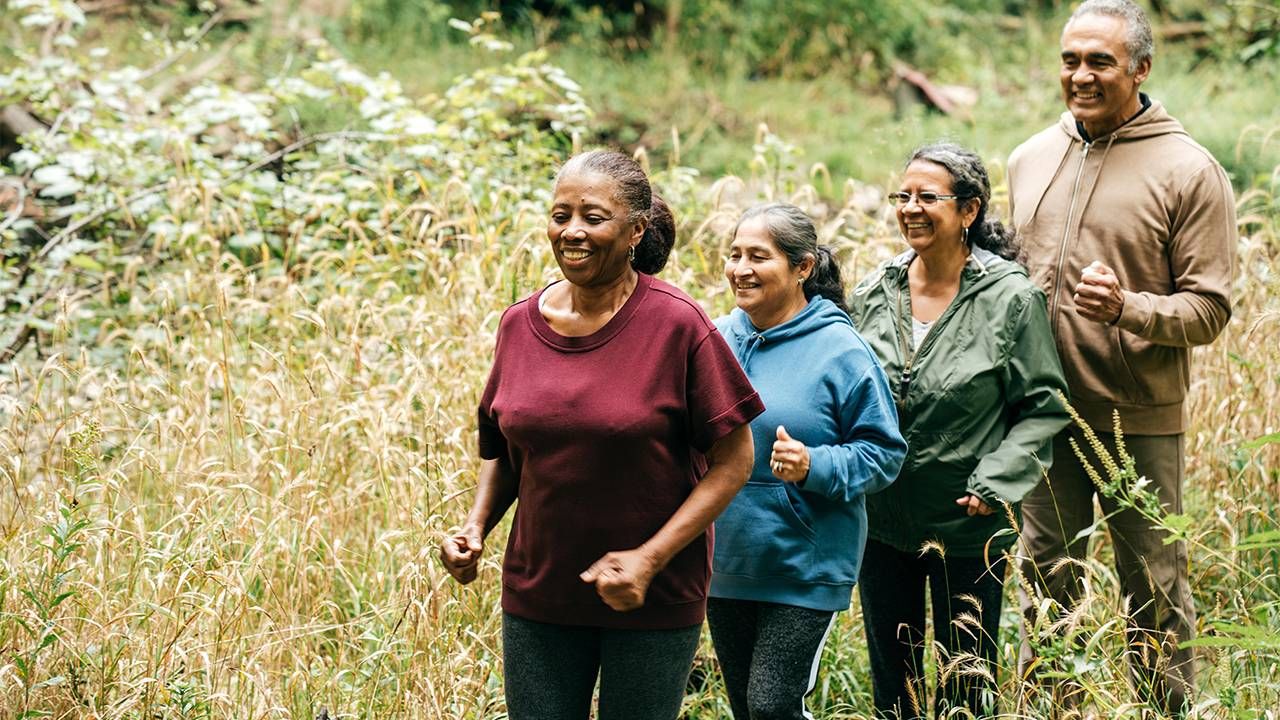 Group of older adults hiking through tall grass. Older Americans Month, Next Avenue