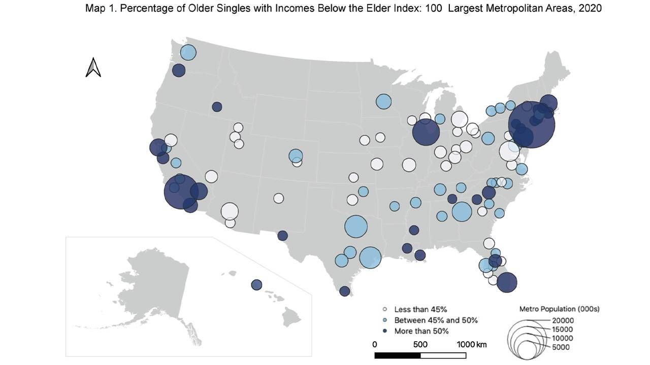 A map showing percent of older adult singles with low incomes. the elder index, Next Avenue