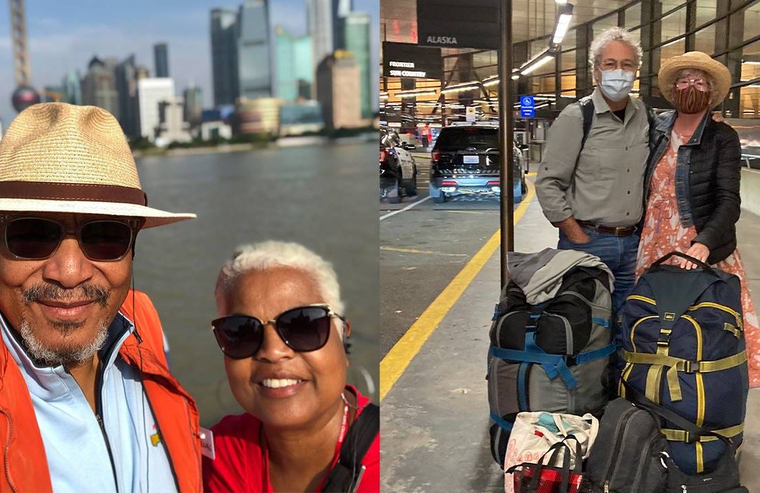 Side-by-side images of a couple smiling with the Shanghai airport behind them, and a couple smiling at the airport. Traveling, senior nomads, travel, Next Avenue