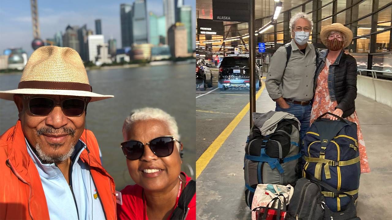 Side-by-side images of a couple smiling with the Shanghai airport behind them, and a couple smiling at the airport. Traveling, senior nomads, travel, Next Avenue