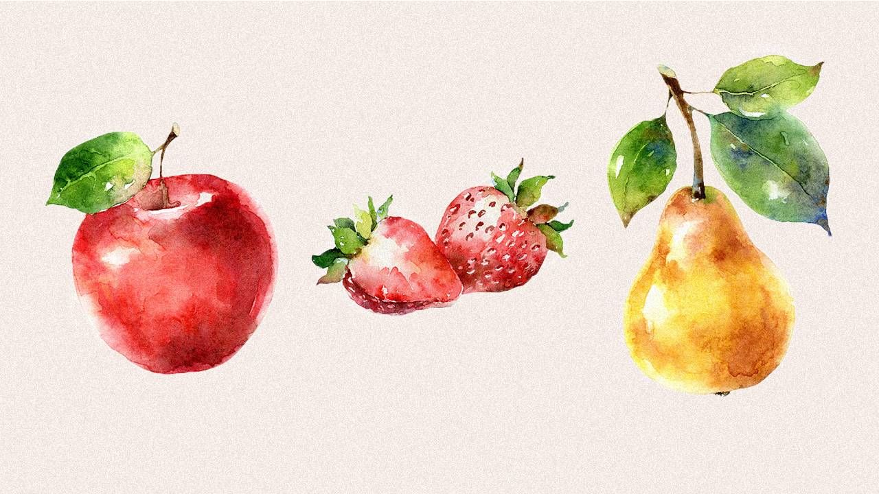 watercolor illustration of an apple, strawberry and pear. fruitful retirement