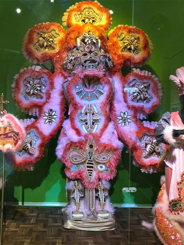 An intricatly designed Mardi Gras Indian suit with honey bee designs. Next Avenue, dancing