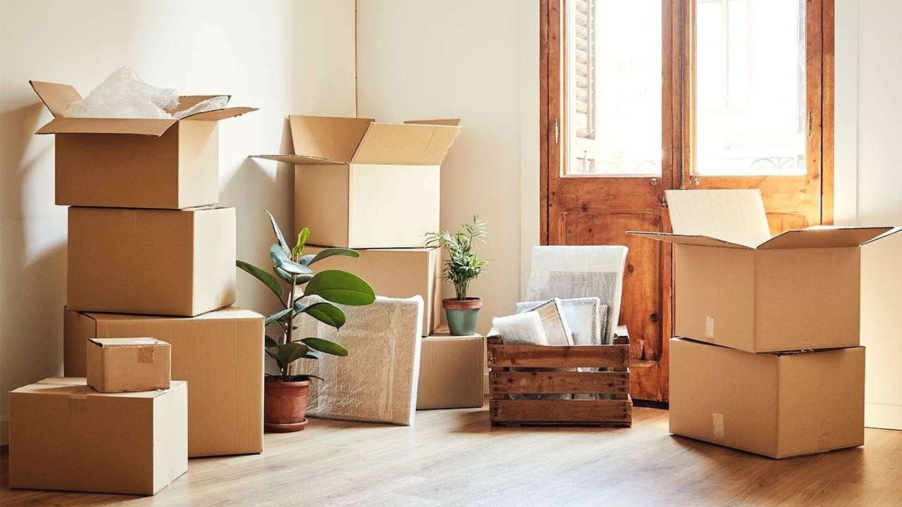 moving boxes on the floor of new apartment. Downsizing, downsize, Next Avenue