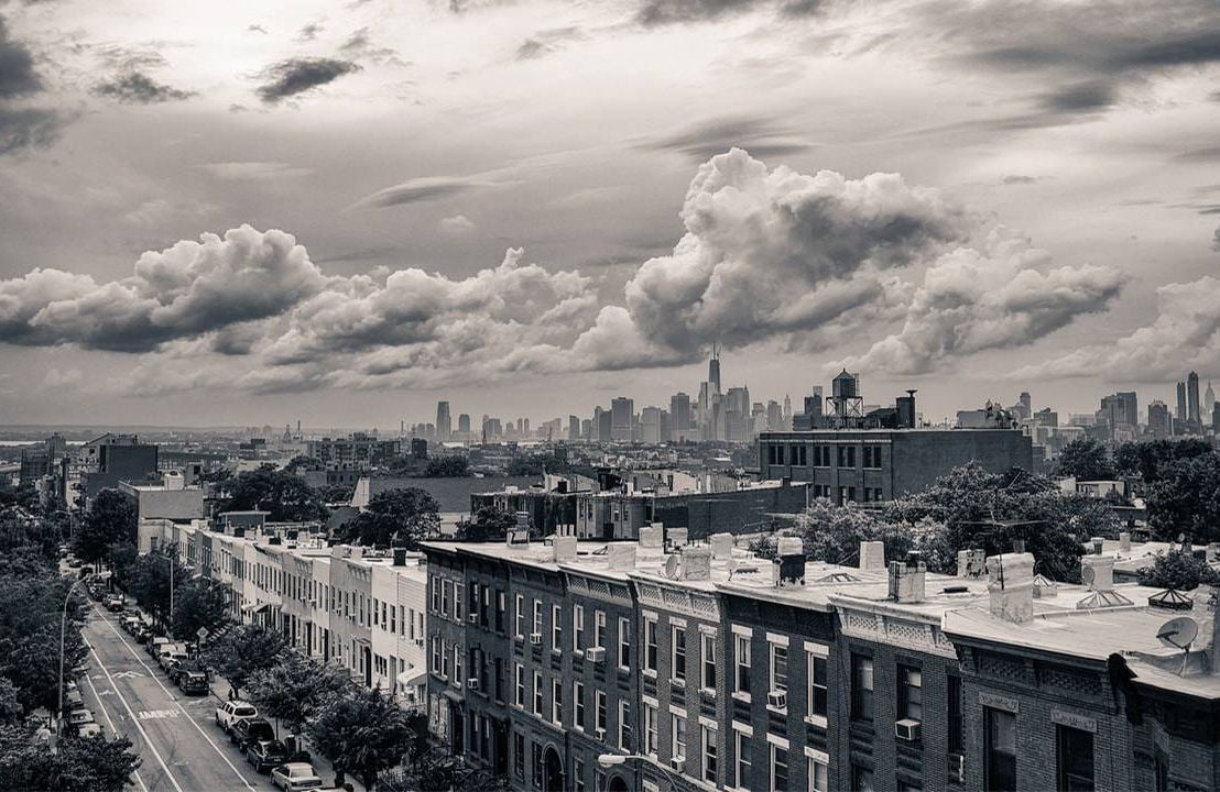 Black and white photo of rooftops in Brooklyn, NY. Photography, photographer, Next Avenue