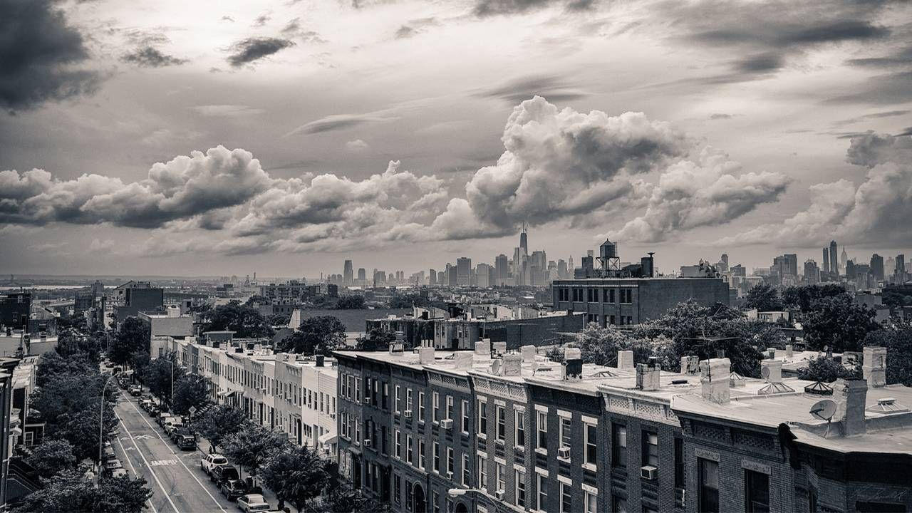 Black and white photo of rooftops in Brooklyn, NY. Photography, photographer, Next Avenue