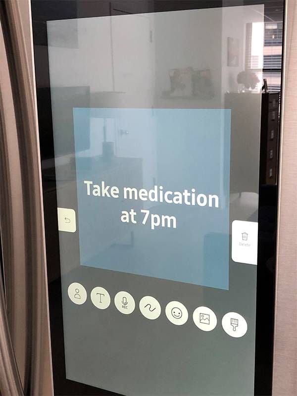A smart fridge with a medication reminder. Dementia, Next Avenue, apartment