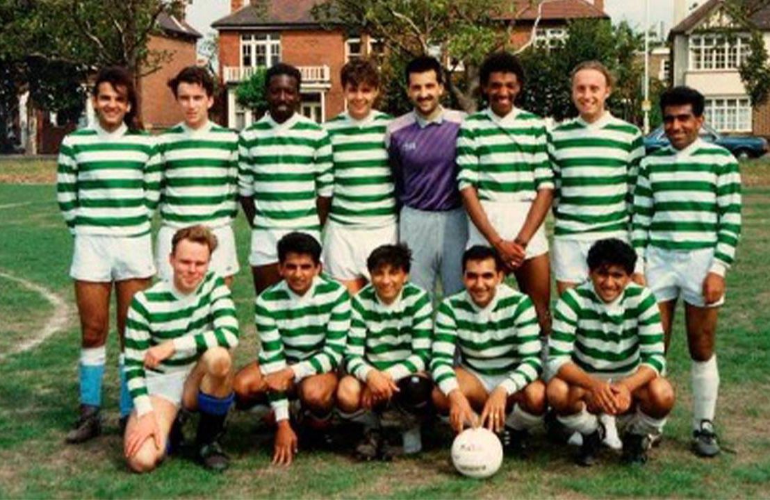 A team photo of the author's soccer team wearing striped jerseys. Next Avenue, soccer, racism