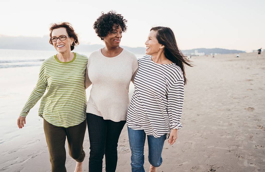 A group of friends walking on the beach. Next Avenue, menopause symtopms