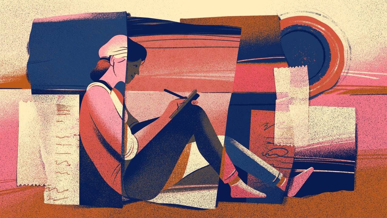 An illustration of a woman sitting down writing poetry. Next Avenue, poetry, poetry tips