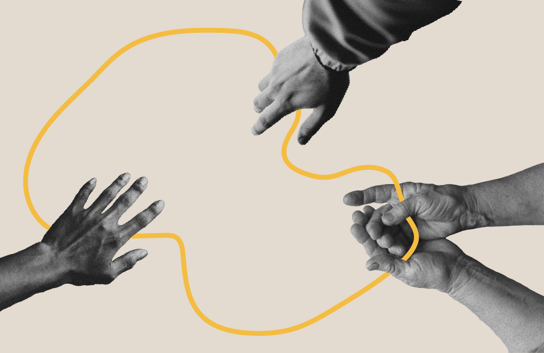 A collage illustration of three different hands holding on to the same string. Next Avenue, Influencers in Aging