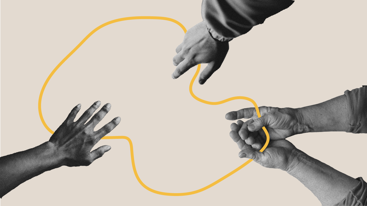 A collage illustration of three different hands holding on to the same string. Next Avenue, Influencers in Aging