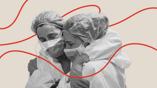 A photo collage of two medical workers embracing wearing PPE. Next Avenue Influencers in Aging
