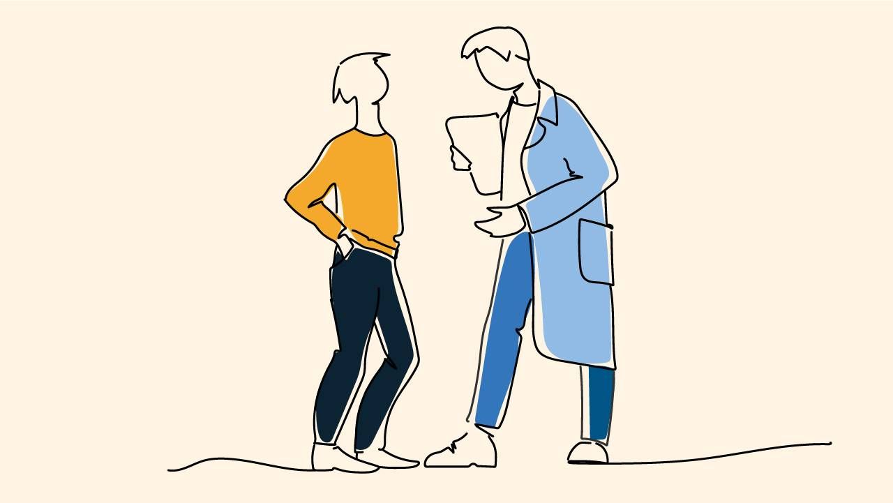 Illustration of a person in a lab coat talking to another person in a yellow sweater. 