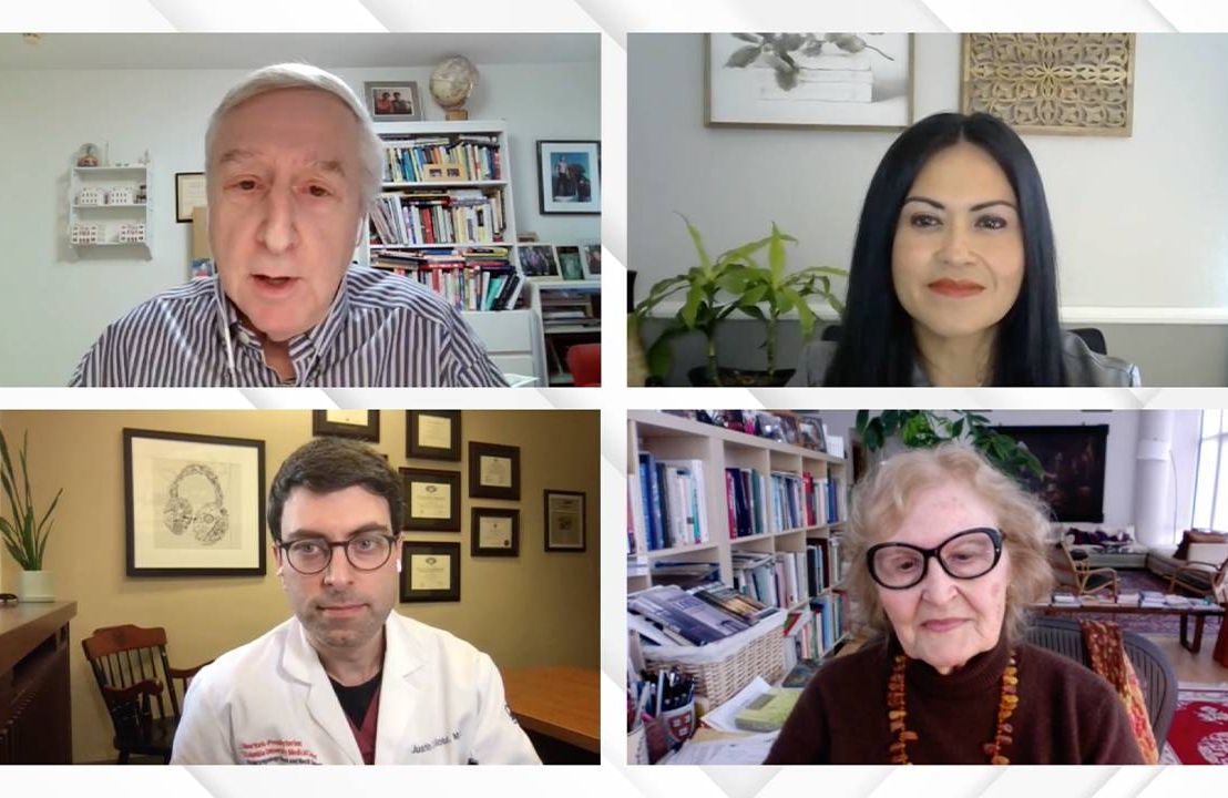 A screenshot of a video confrence with side by side photos of 3 influencers in again and a moderator. Next Avenue, Future of Aging