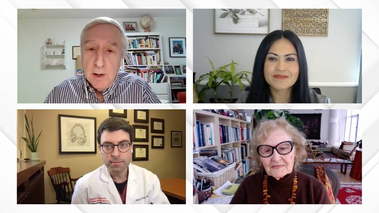 A screenshot of a video confrence with side by side photos of 3 influencers in again and a moderator. Next Avenue, Future of Aging