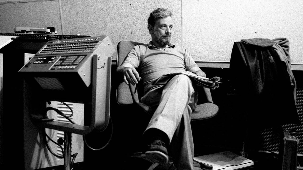 A black and white photo of Stephen Sondheim sitting in a control room. Next Avenue