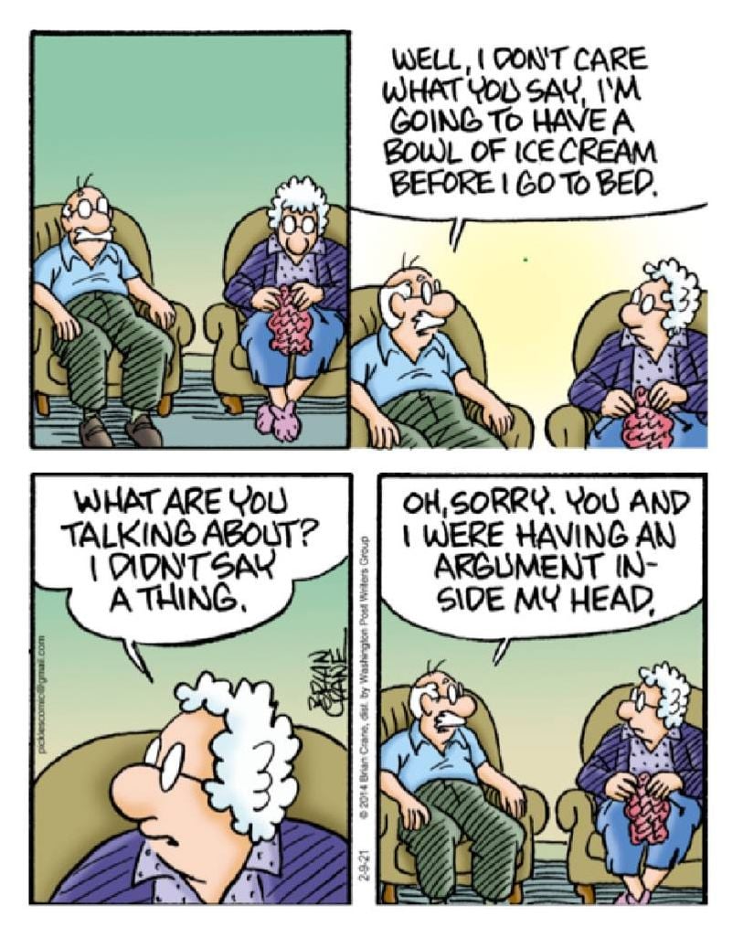 A comics strip showing an older couple having an imaginary argument. Next Avenue, comics, aging, funny