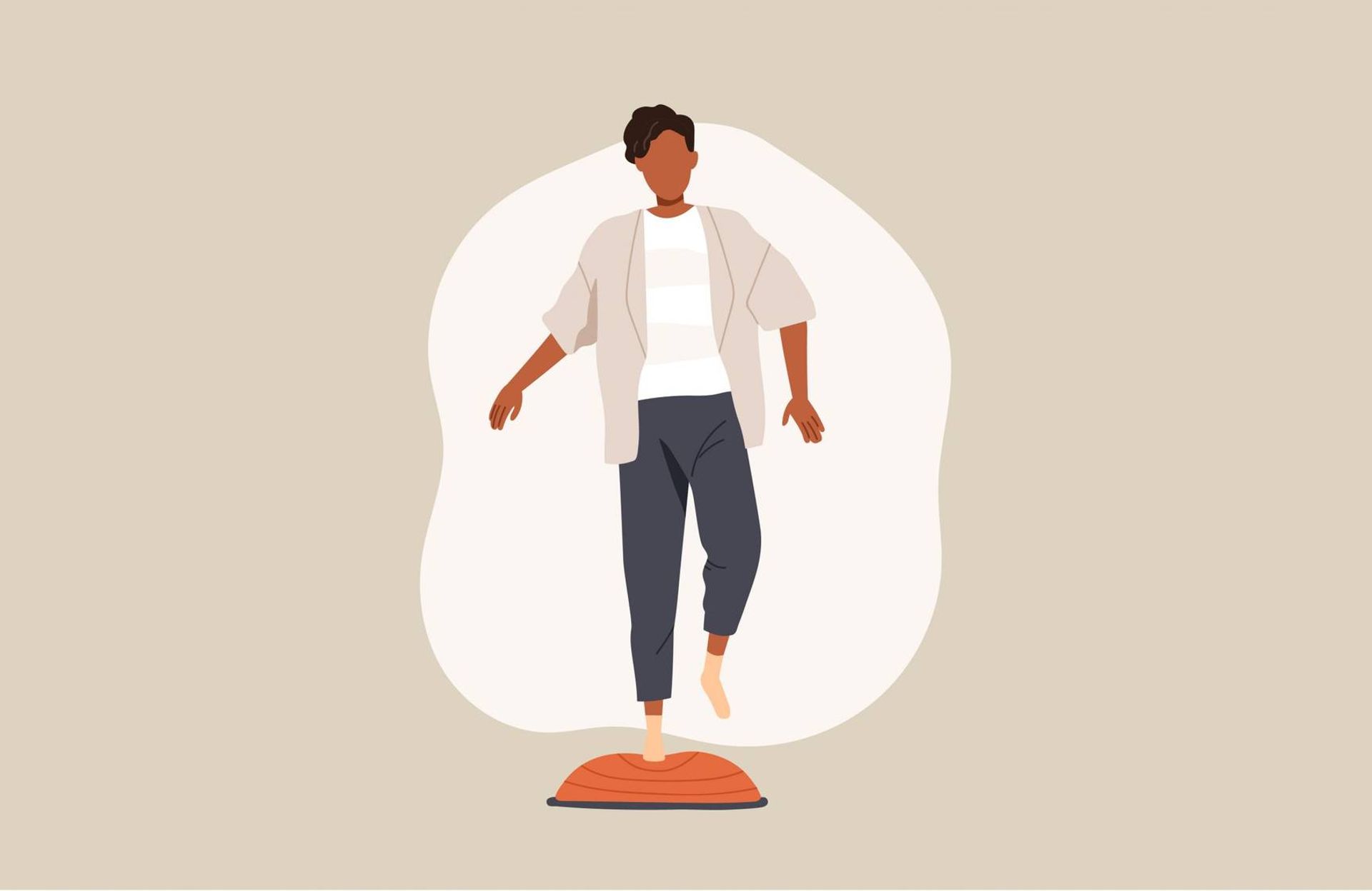 An illustration of an older adult balancing on a bosu ball. Next Avenue, prevent injury, aging