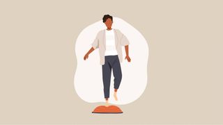 An illustration of an older adult balancing on a bosu ball. Next Avenue, prevent injury, aging