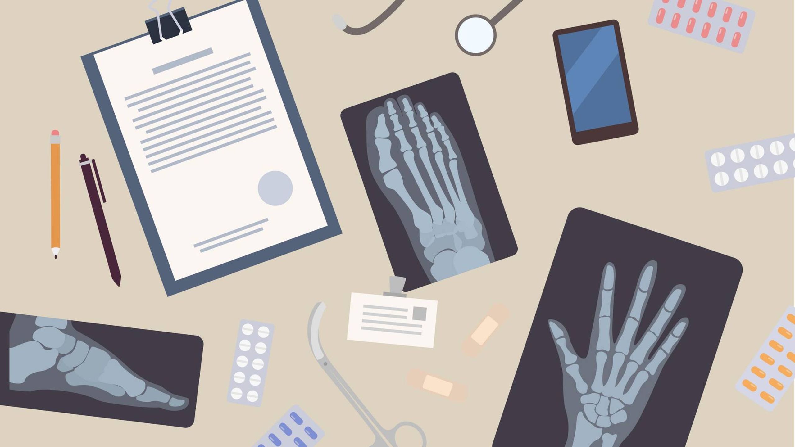 An illustration of doctor's notes, Xrays, and medications. Next Avenue, planning orthopedic surgery