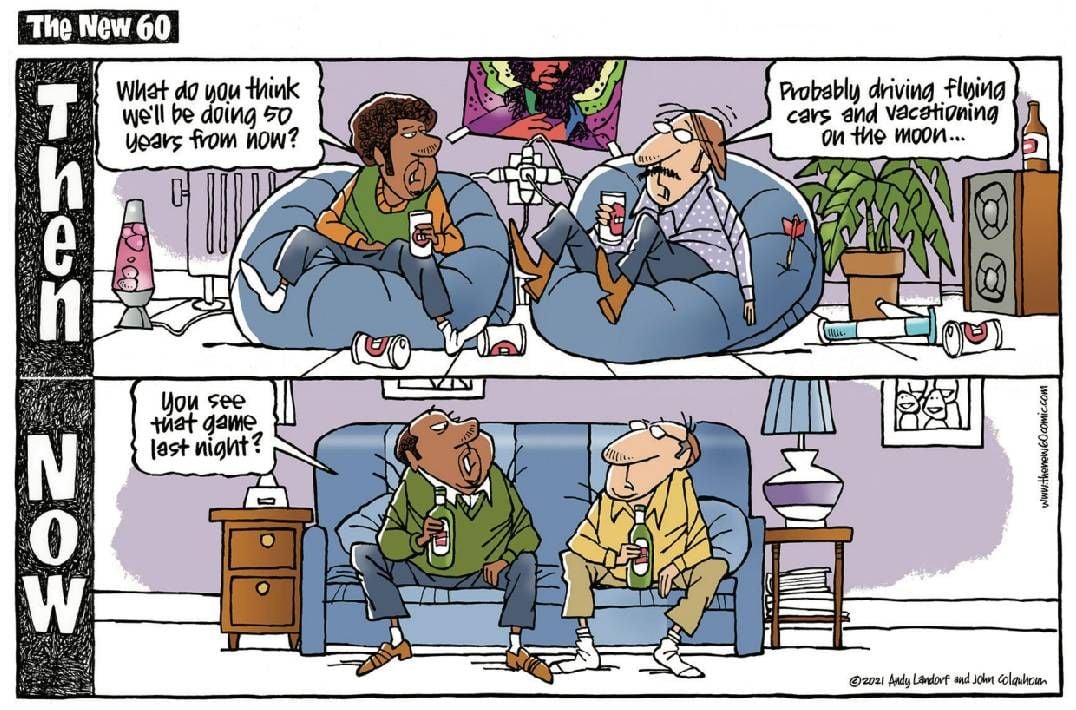 A comic strip showing two older friends hanging out in the 1960s and now in modern times. Next Avenue, comics, aging, funny