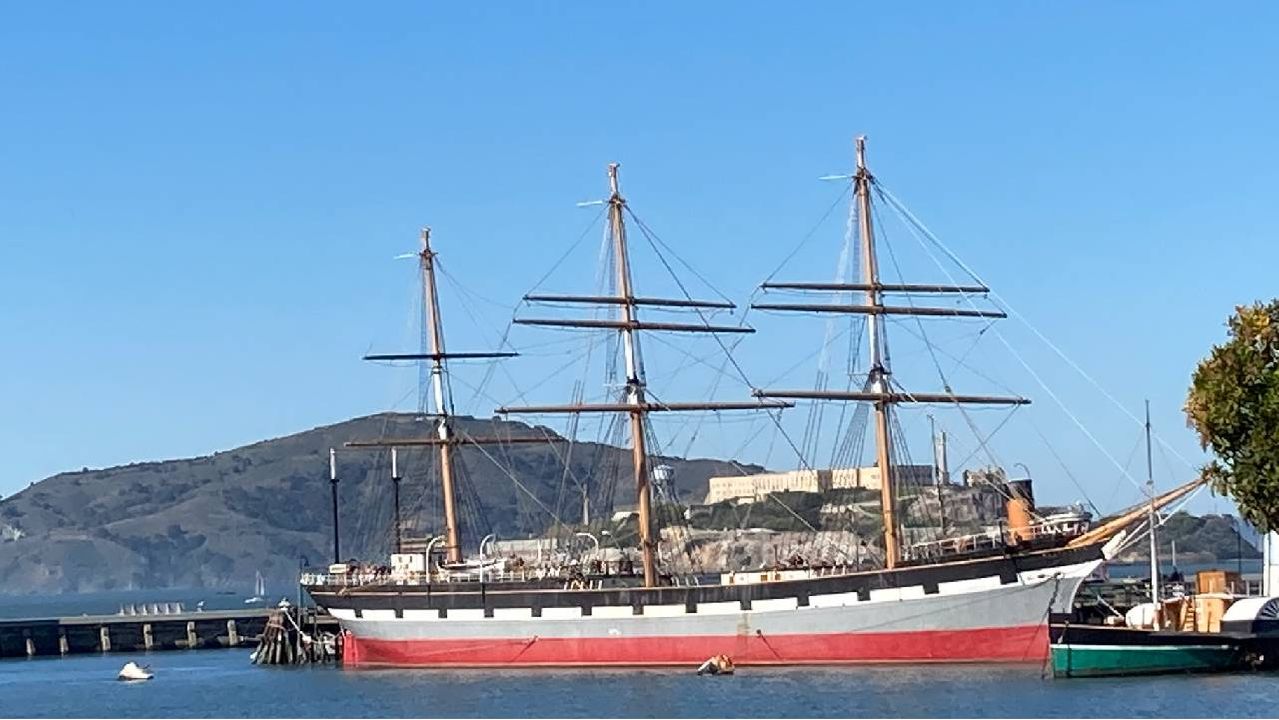 A large ship from the 1800s sitting at a dock. Next Avenue, art museum, San Francisco