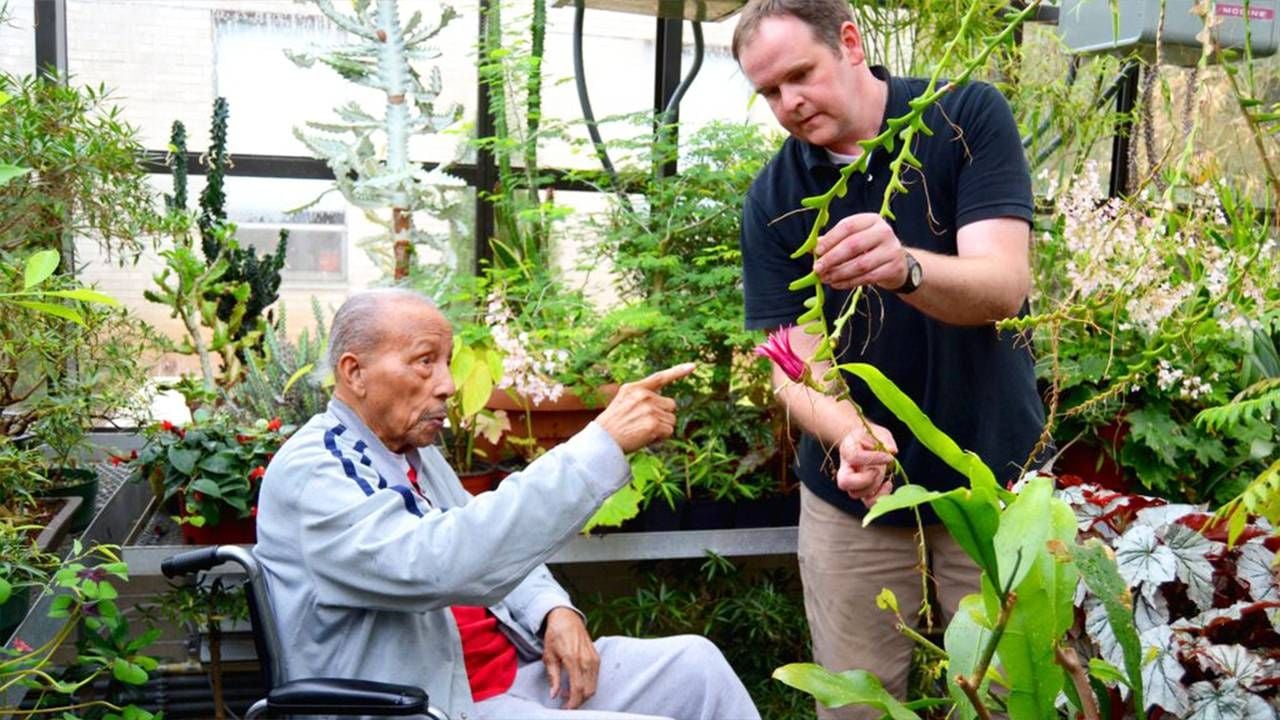 Two older men in a greenhouse, showing off the flowers. Next Avenue, benefits of flowers, mind and body
