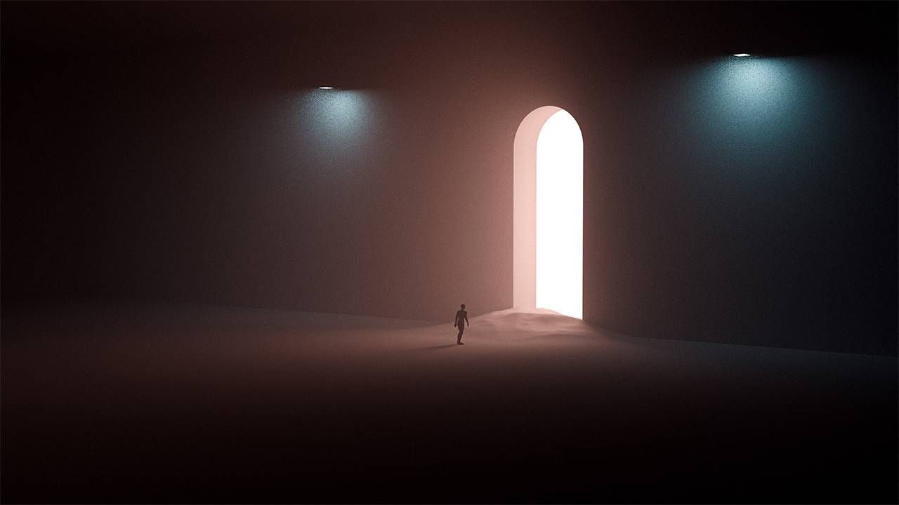 A 3D render of a robot walking into an archway in the metaverse. Next Avenue, VR, AR