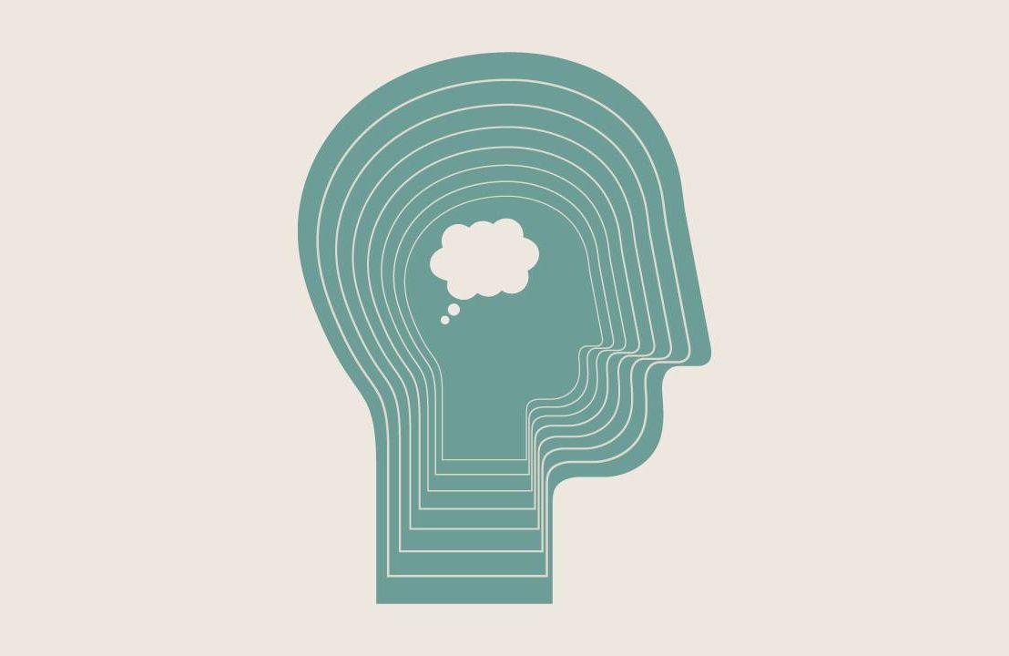 An illustration of a head with a thought bubble inside of it. Next Avenue, inner chatter, ethan kross chatter